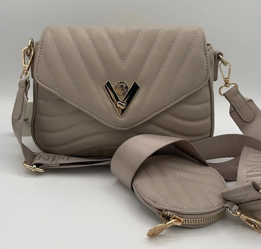   Chevron Quilted Crossbody with Coin Pouch – Taupe