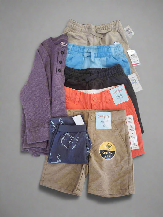 🧒 5 Shorts + 1 Shirt + 1 Long Pants – Boys Size 4