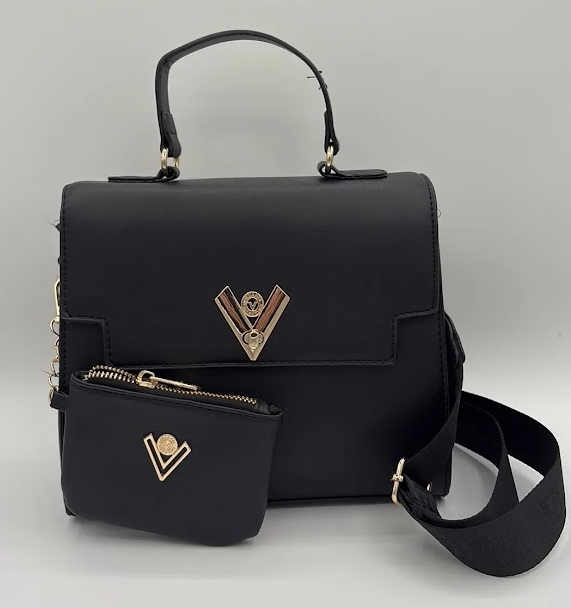 Top-Handle Satchel with Crossbody Strap & Mini Pouch – Black