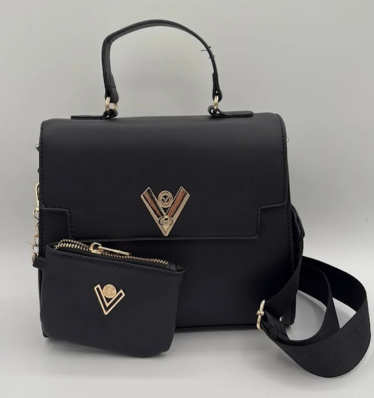 Top-Handle Satchel with Crossbody Strap & Mini Pouch – Black