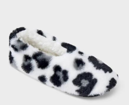 Plush Faux-Fur Cozy Slipper Socks — Black & White Leopard