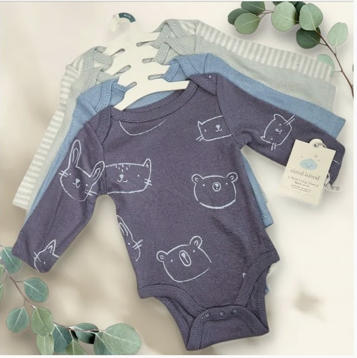 🐻 Cloud Island Long-Sleeve Bodysuits – 4 Pack (6–9 Months)