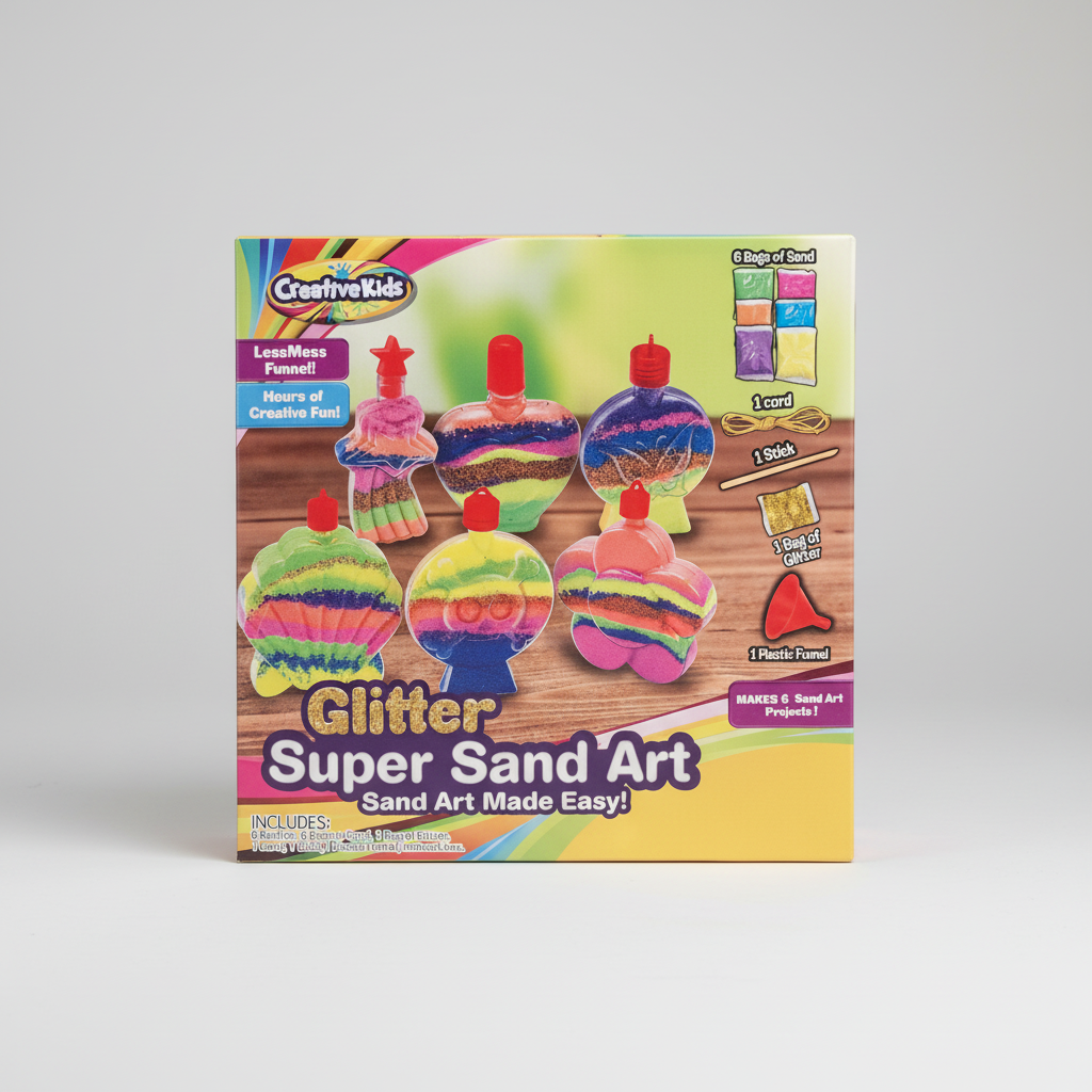 Box of Creative Kids Glitter Super Sand Art set with colorful sand art projects on a wooden surface.