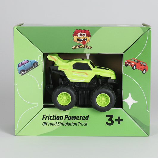 Green toy truck packaging with a green background