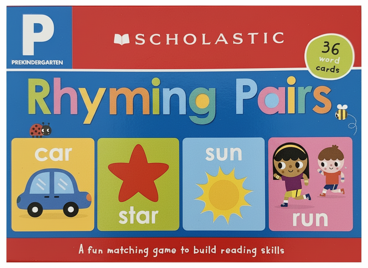 Scholastic Rhyming Pairs educational game for prekindergarten students with colorful illustrations on a red and blue background.