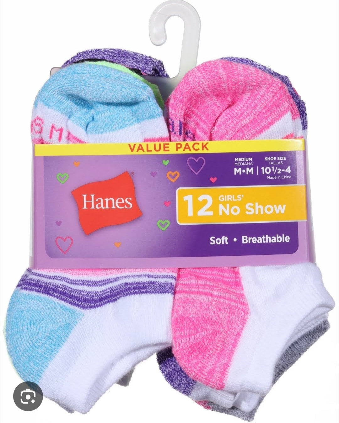 Hanes Girls’ No Show Socks – 12 Pair Value Pack 🧦💖