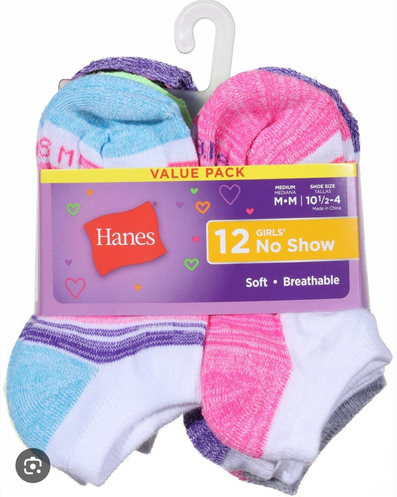 Hanes Girls’ No Show Socks – 12 Pair Value Pack 🧦💖