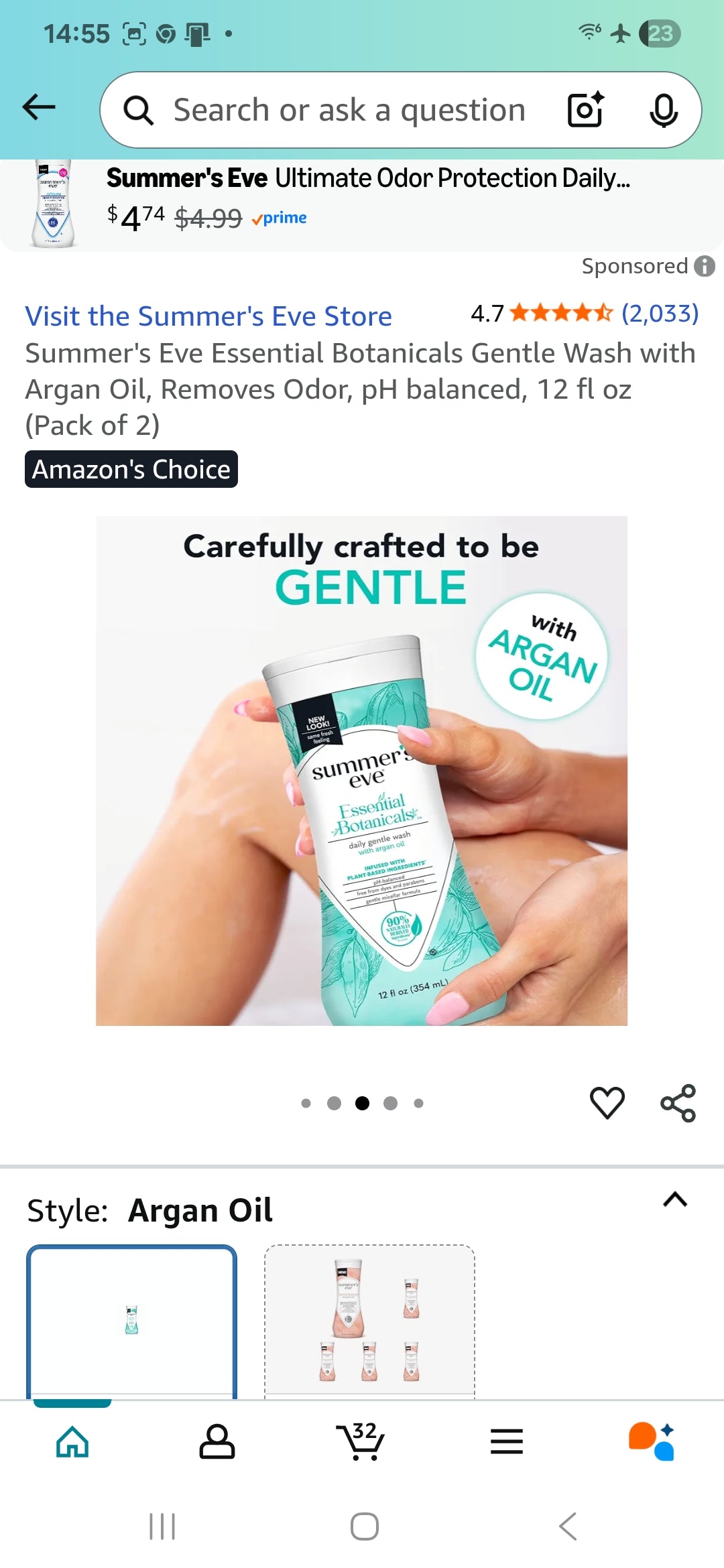 🌸 Summer’s Eve Essential Botanicals Gentle Wash – Argan Oil (Pack of 2, 12 fl oz each)