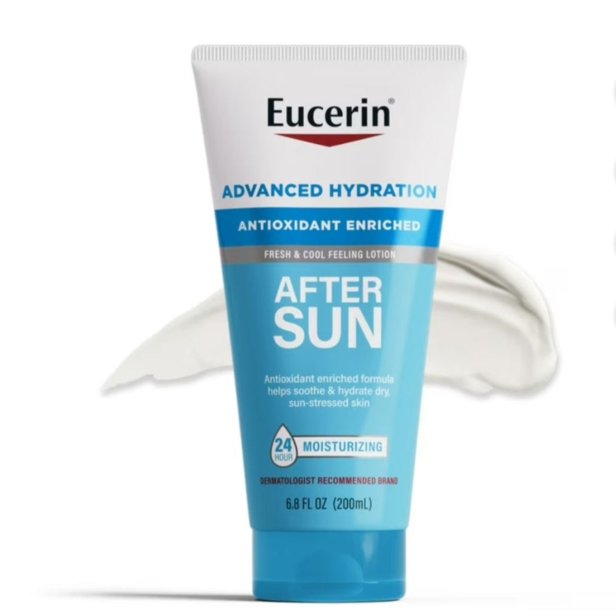 Eucerin After Sun Lotion product on a smartphone screen with Walmart app interface.