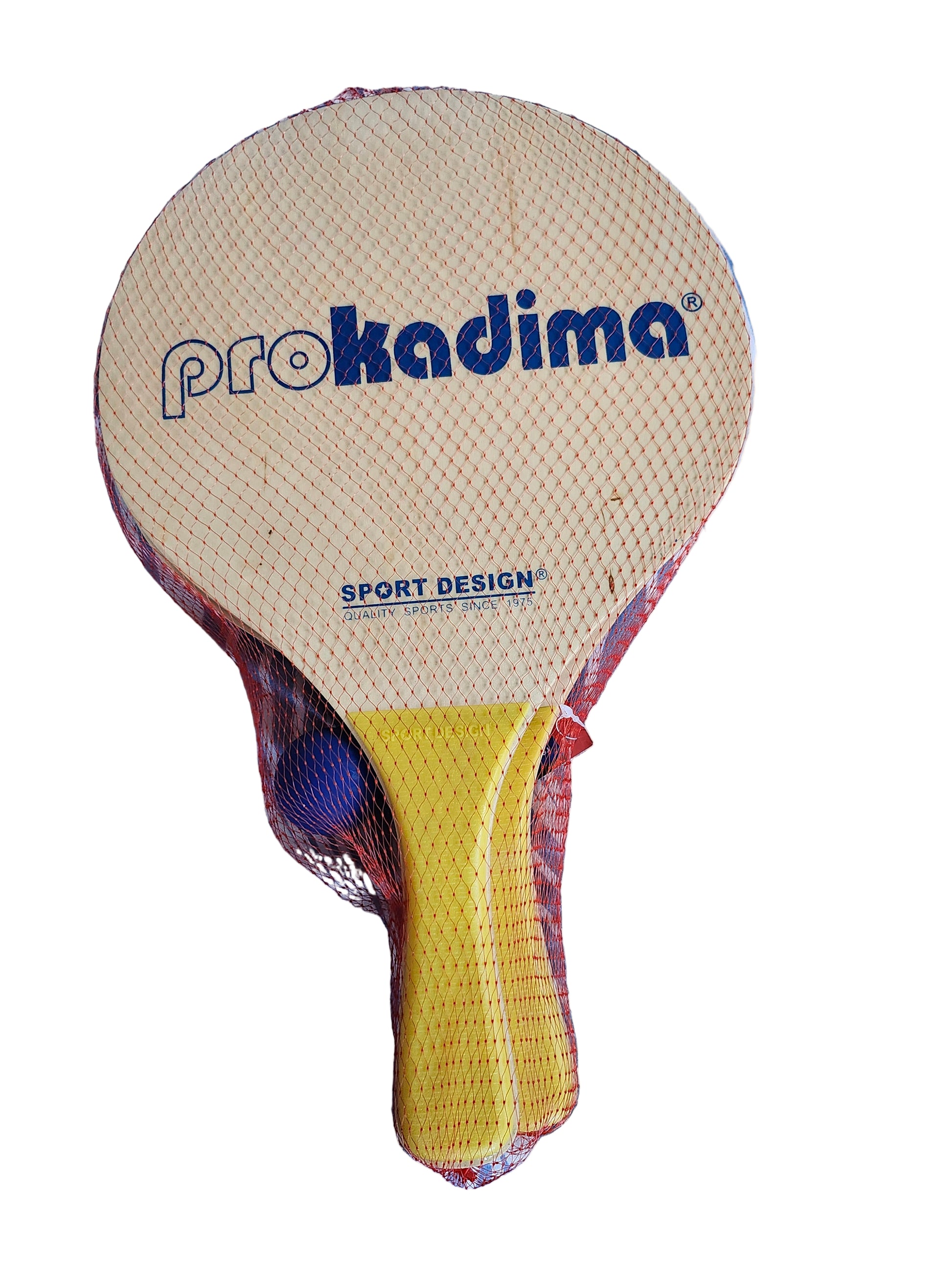 Prokadima table tennis paddle with a blue ball on a blue and white striped fabric background