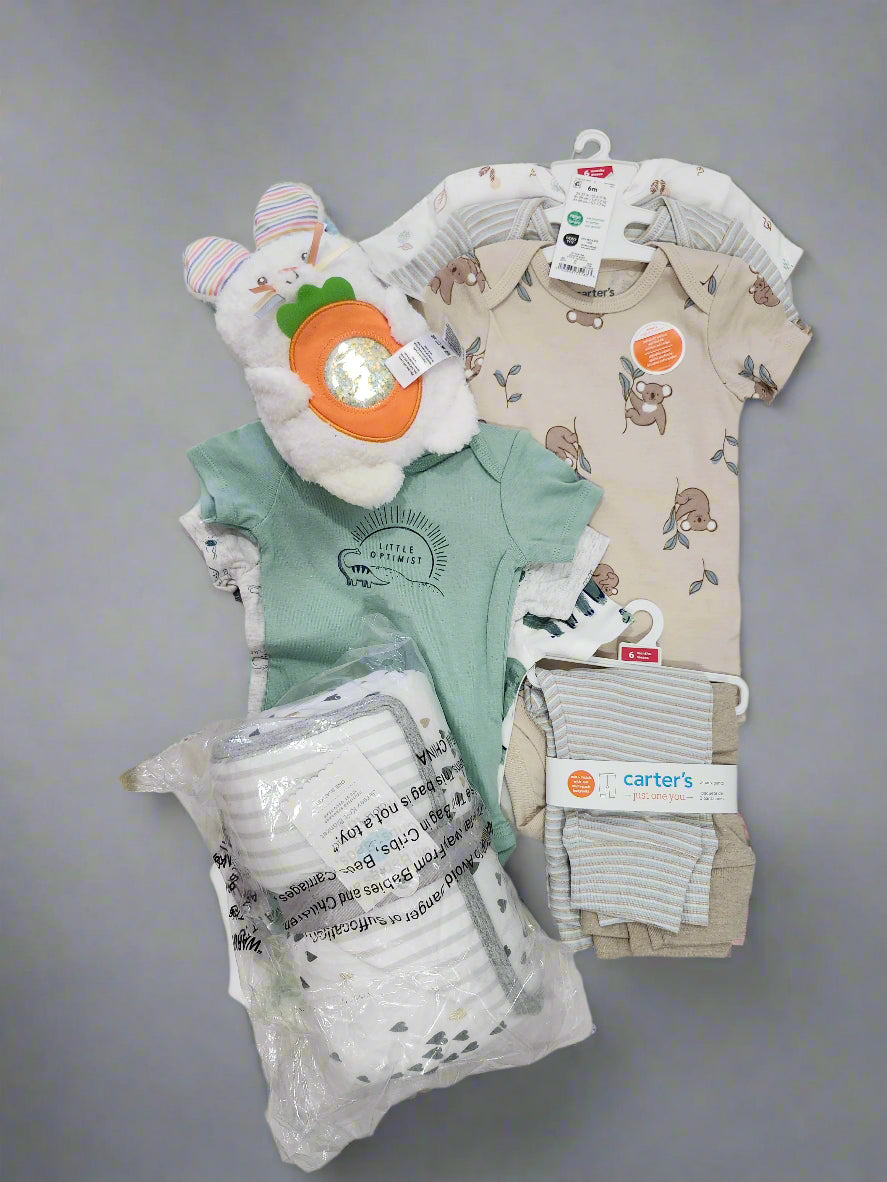 🐨🦕✨ Baby Boy Bodysuit, Sensory Toy & Blanket Bundle – Snuggles, Style & Sweet Play