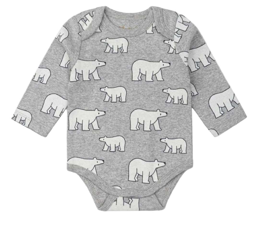 Gray baby onesie with bear pattern on a Walmart product page